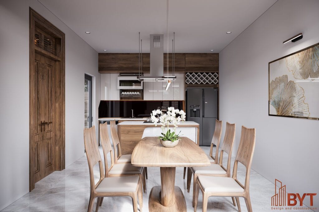 THIẾT KẾ NỘI THẤT PHÒNG BẾP TRONG NHÀ LIỀN KỀ VỚI GỖ ÓC CHÓ CAO CẤP