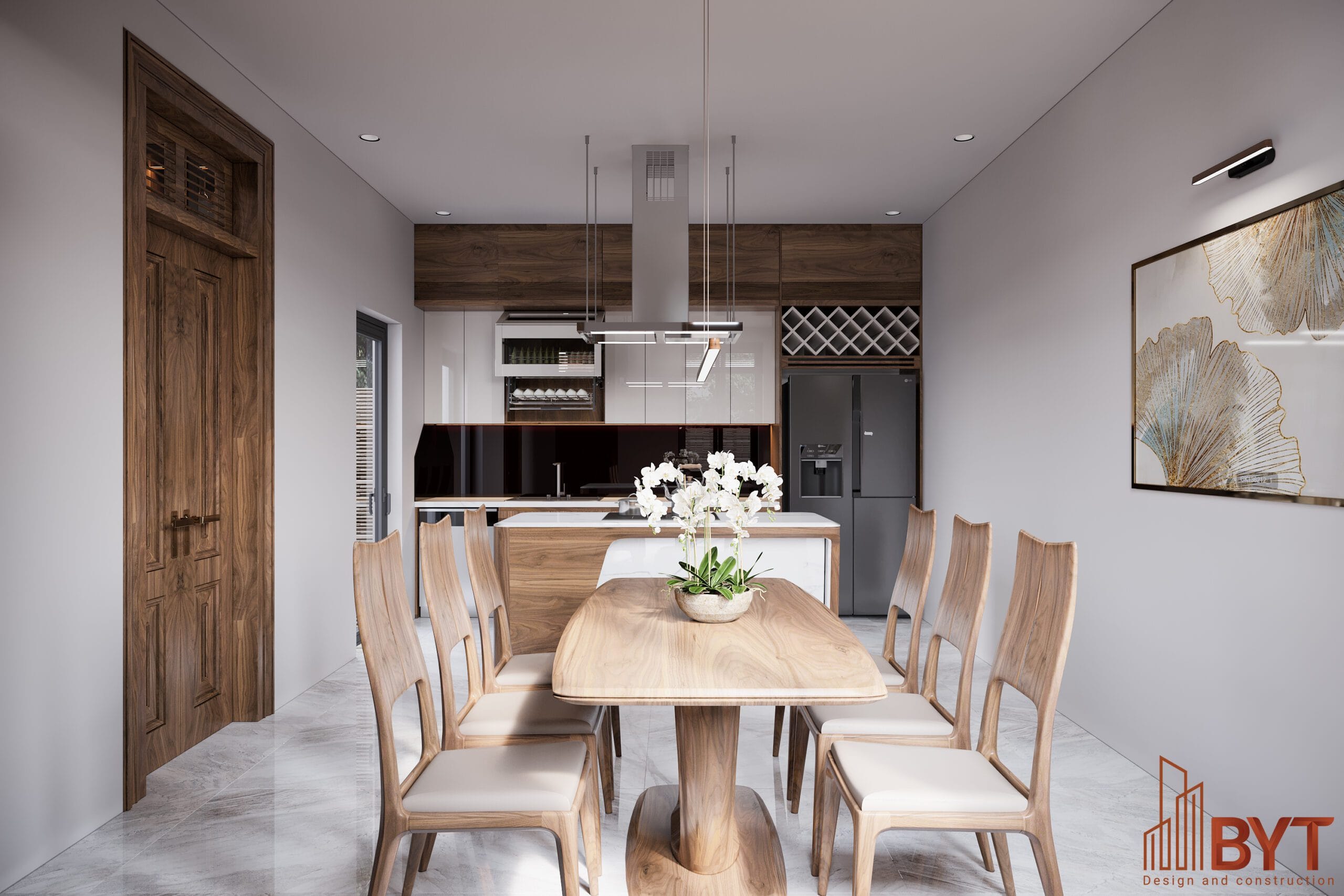 THIẾT KẾ NỘI THẤT PHÒNG BẾP TRONG NHÀ LIỀN KỀ VỚI GỖ ÓC CHÓ CAO CẤP