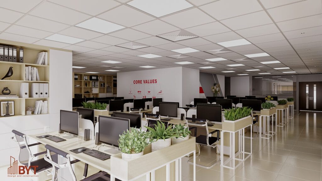 Văn phòng xanh với nhiều cây và ánh sáng tự nhiên