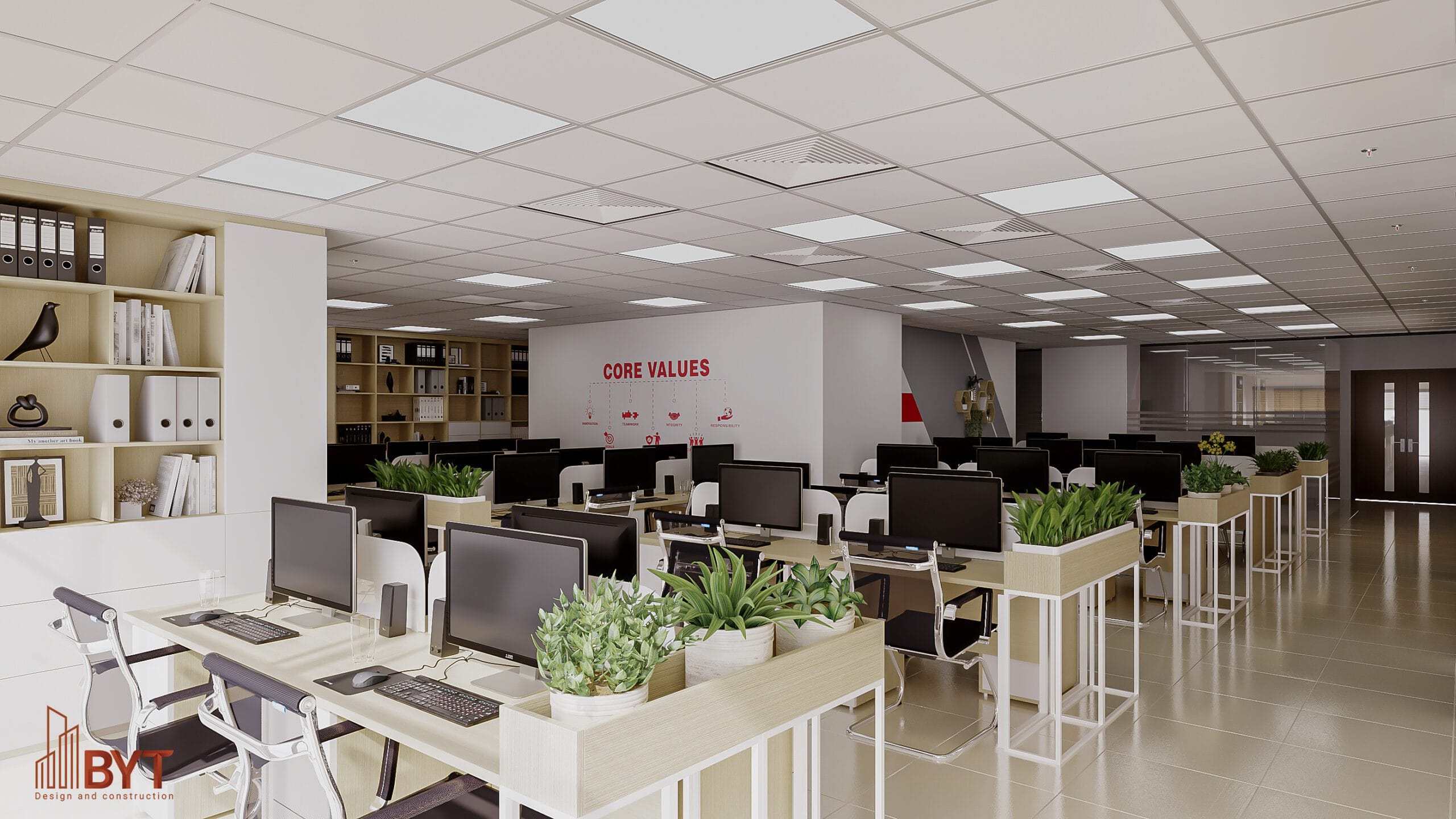 Văn phòng xanh với nhiều cây và ánh sáng tự nhiên