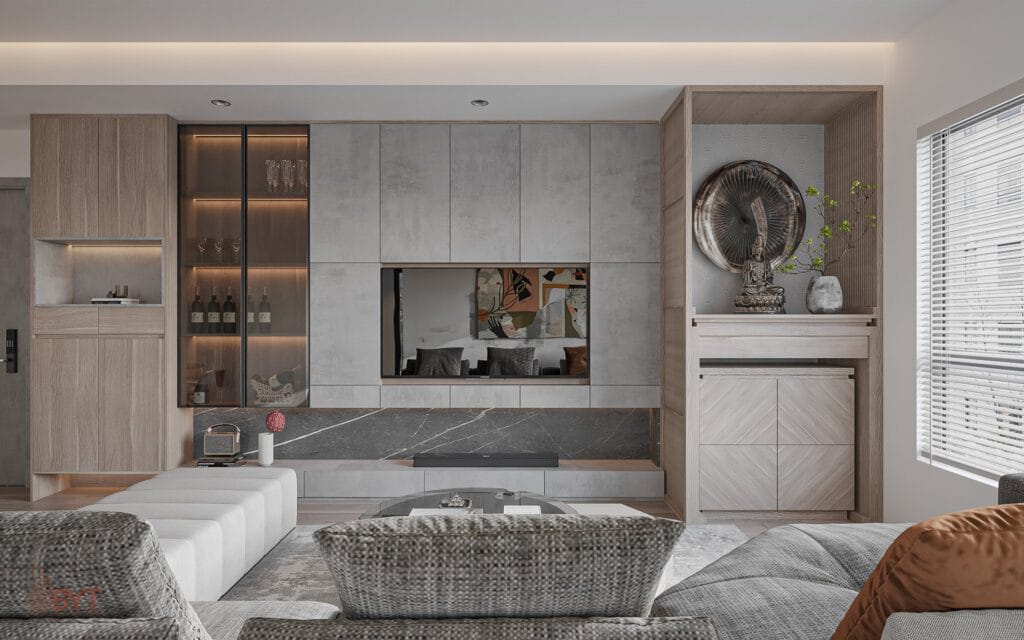 Thiết kế phòng khách chung cư 2 phòng ngủ tối giản