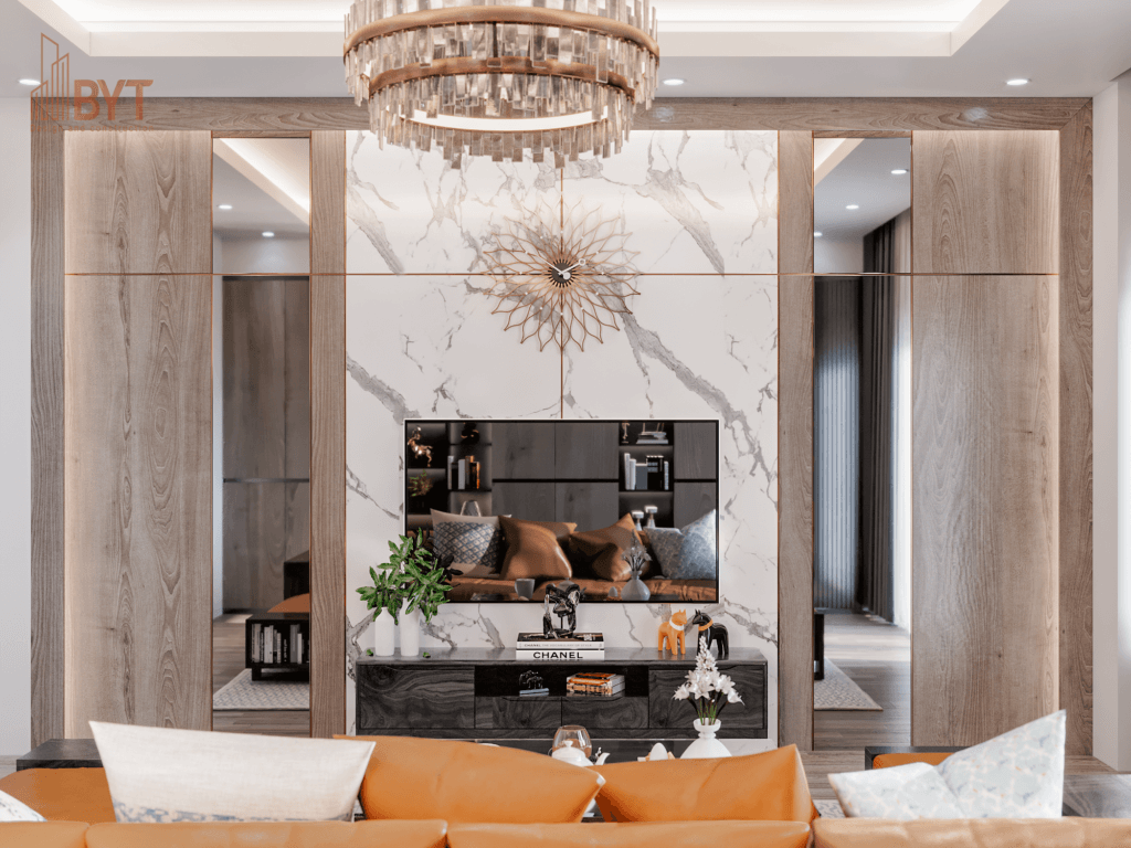 THIẾT KẾ NỘI THẤT PHÒNG KHÁCH VỚI GỖ TỰ NHIÊN CHẤT LƯỢNG CAO