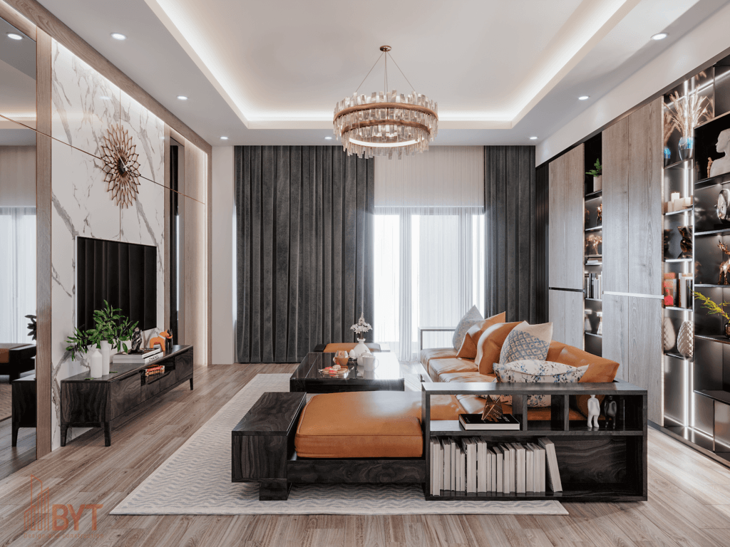 THIẾT KẾ NỘI THẤT PHÒNG KHÁCH VỚI GỖ TỰ NHIÊN CHẤT LƯỢNG CAO