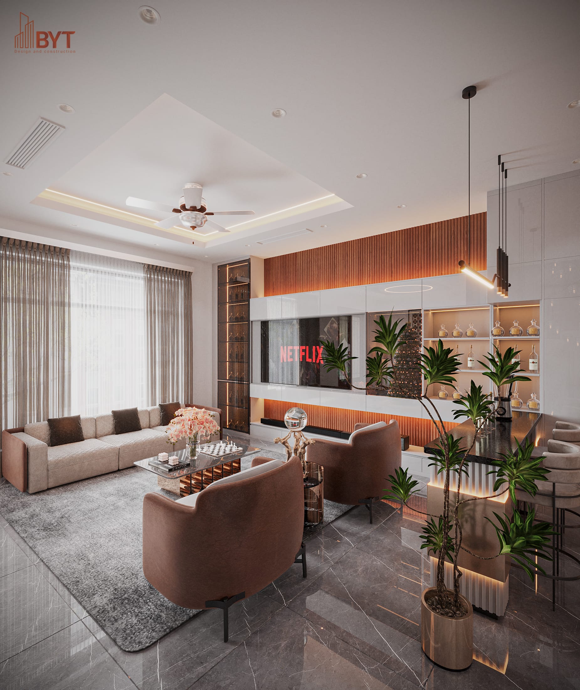 Mẫu 1: Thiết kế phòng khách nhà liền kề Đông Anh